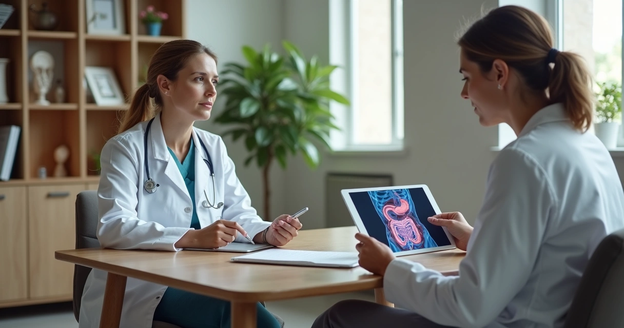 Paciente sentado conversando com proctologista em consultório moderno e acolhedor 