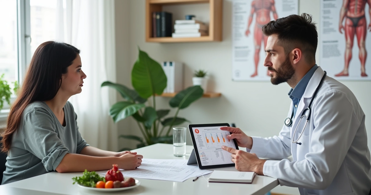 Paciente com sobrepeso em consulta com médico e nutricionista analisando exames 