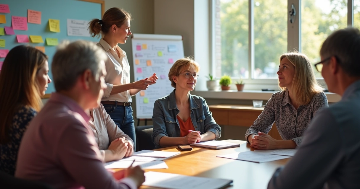 Reunião de comunidade discutindo propostas em círculo 