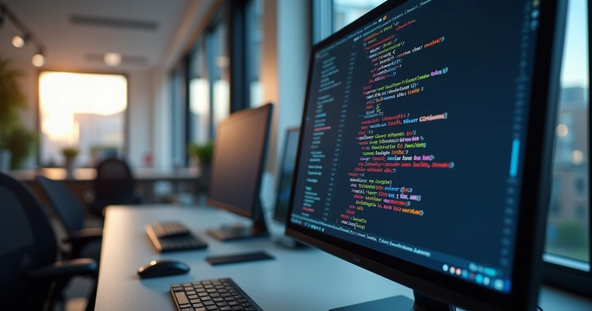 Tela de computador mostrando código SQL com comandos SELECT, FROM e WHERE destacados, ambiente de escritório moderno ao fundo 