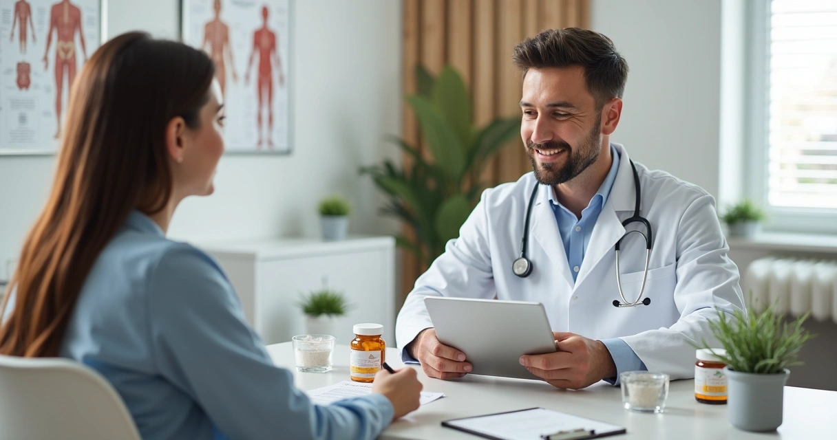 Profissional de saúde orientando paciente sobre suplementos 