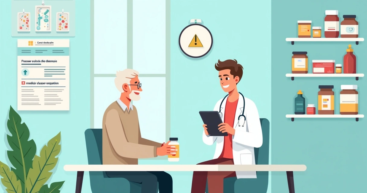 Consulta médica com um médico atendendo um idoso sobre suplementos em um consultório organizado.