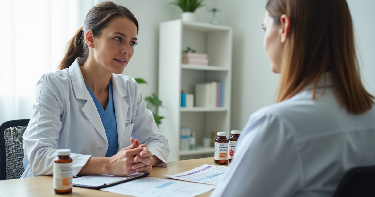 Profissional revisando suplementos e terapia hormonal com paciente 