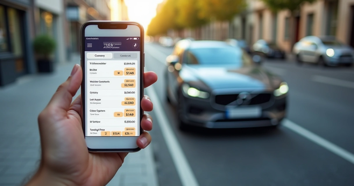 Pessoa consultando tabela FIPE em smartphone com carro ao fundo 