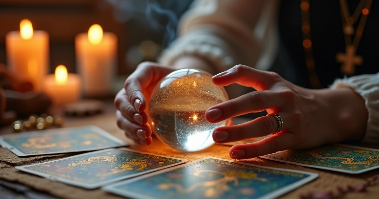 Mesa com cartas de tarô, bola de cristal e mãos femininas realizando consulta 