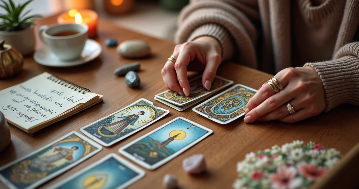 Mesa com baralho de tarô, mãos femininas segurando cartas em ambiente iluminado 