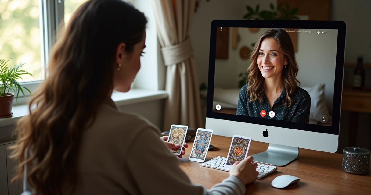 Mulher consultando tarot com profissional em chamada de vídeo no computador 