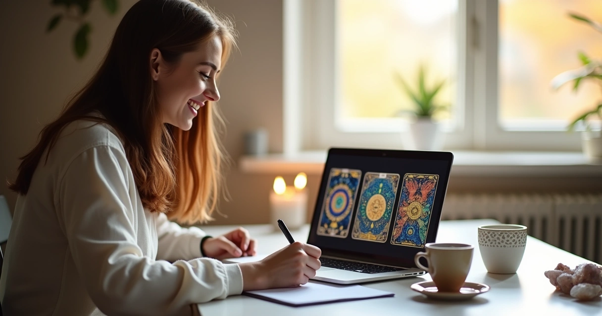 Mulher sorrindo durante consulta online de tarot por vídeo chamada