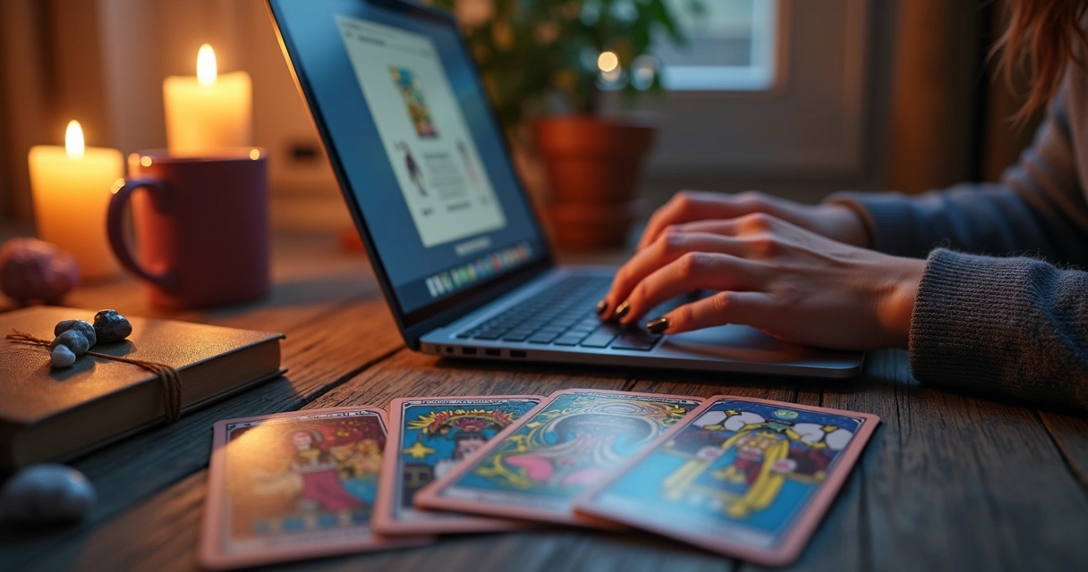 Pessoa digitando em chat de atendimento online com cartas de tarot ao lado 