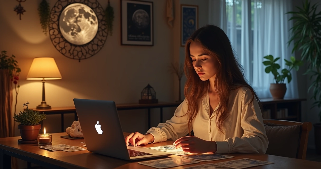 Mulher interpretando cartas de tarot online com ambiente esotérico 
