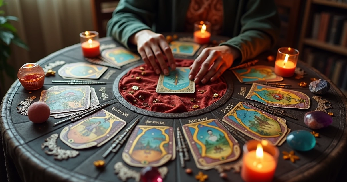 Mesa com cartas de tarot, símbolos místicos e mãos femininas interpretando os arcanos 