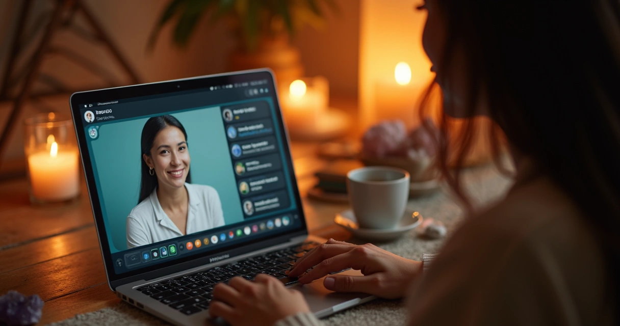Mulher consulta tarólogo online por chat e áudio na tela do notebook