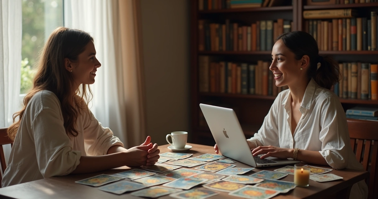 Pessoa em videochamada com tarólogo, cartas de tarot sobre a mesa 
