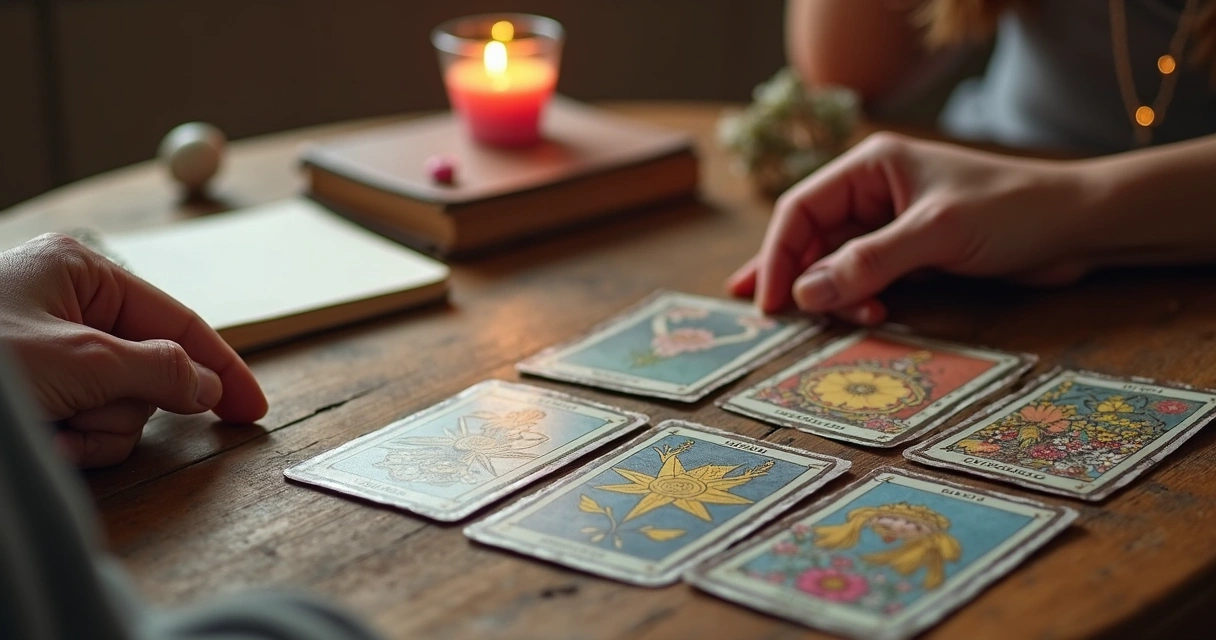 Cartas de tarot na mesa ao lado de mãos femininas realizando consulta 