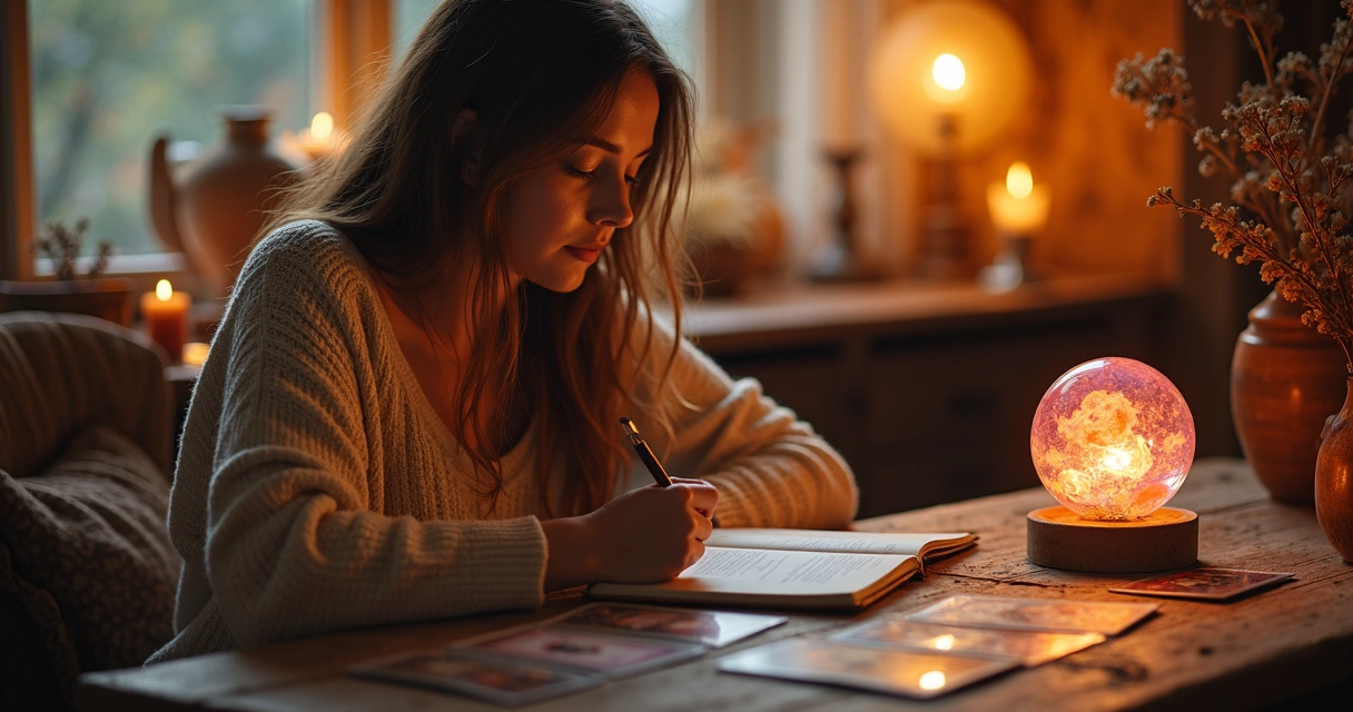 Pessoa consultando cartas de tarot amoroso e anotando em diário 