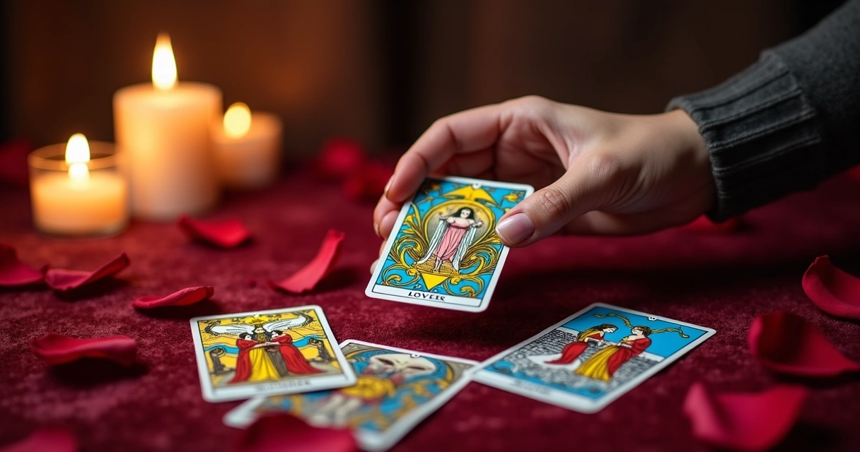 Consulta de tarot romântico, cartas e mãos femininas 