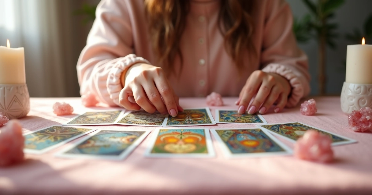 Mesa de tarot com cartas espalhadas e mãos femininas mostrando uma delas. 