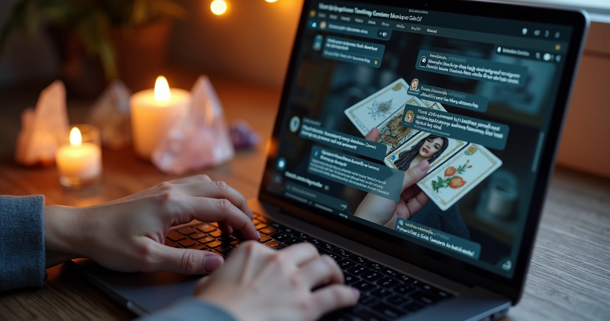Pessoa digitando perguntas sobre amor no chat online do Cartas do Tarot 