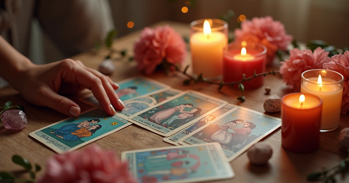 Mesa com cartas do tarot e mãos femininas, ambiente suave e acolhedor 
