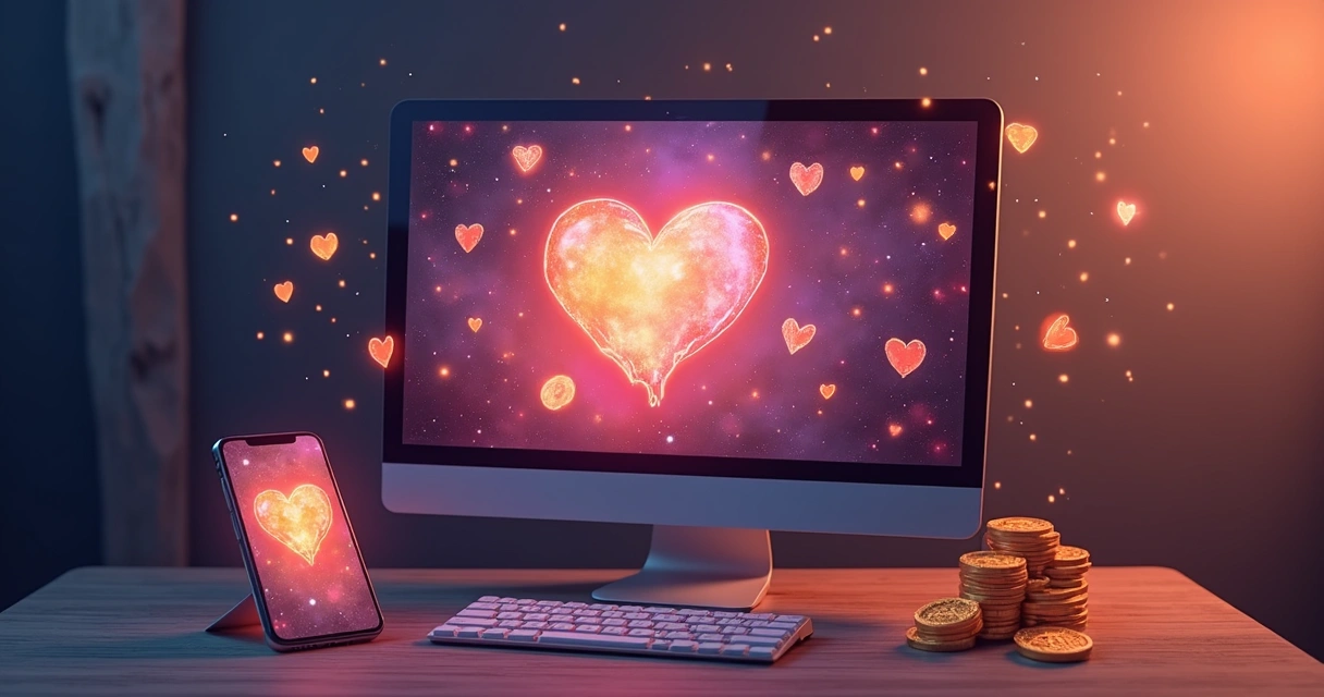 Consulta virtual de tarot mostrando telas de um chat e símbolos de amor e finanças 