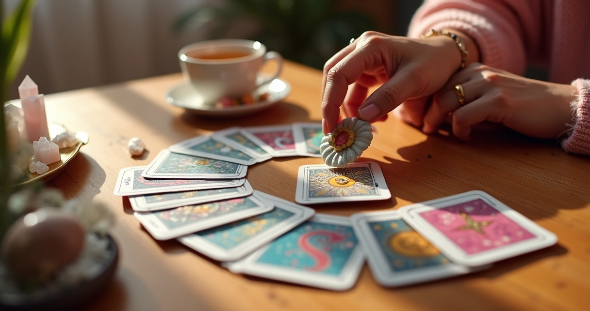 Cartas de tarot coloridas em uma mesa de madeira, com uma xícara de chá ao lado e luz suave 