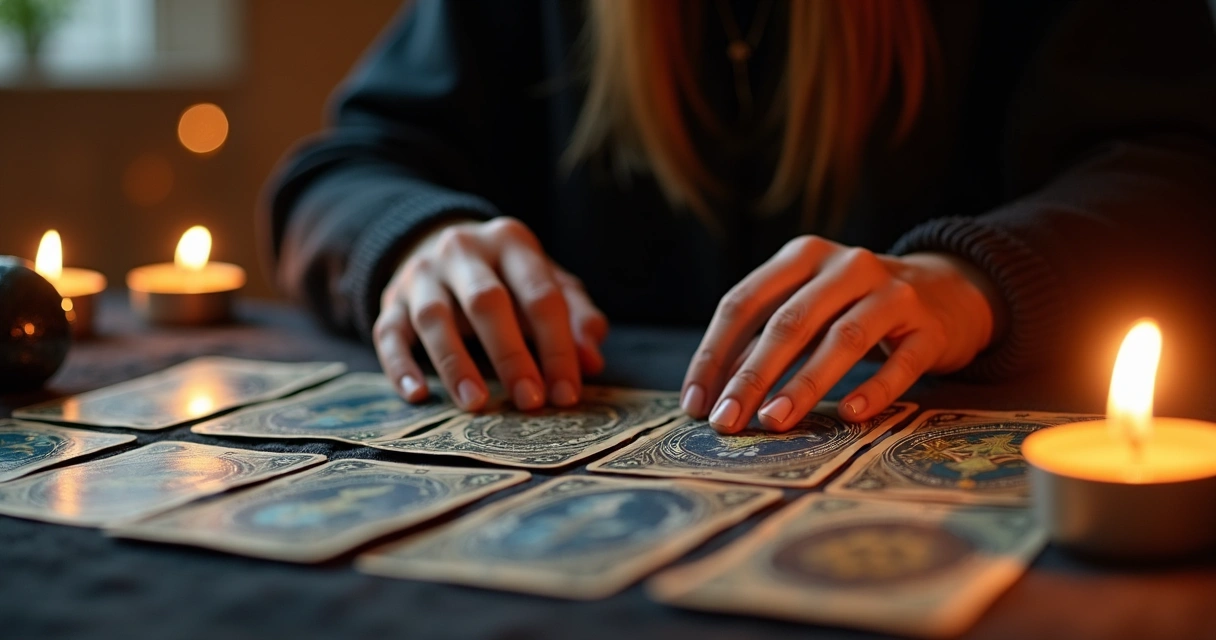 Pessoa jogando cartas de tarot ao lado de velas acesas sobre uma mesa escura 