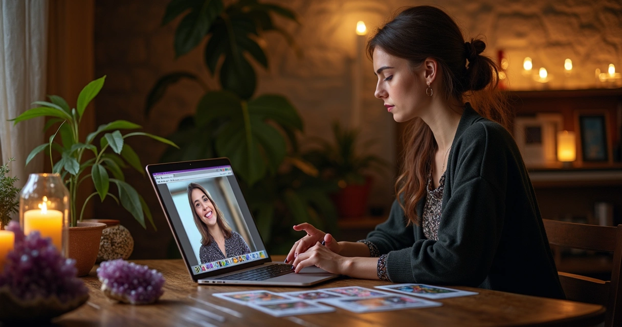 Sessão de atendimento online com taróloga e cartas sobre a mesa 