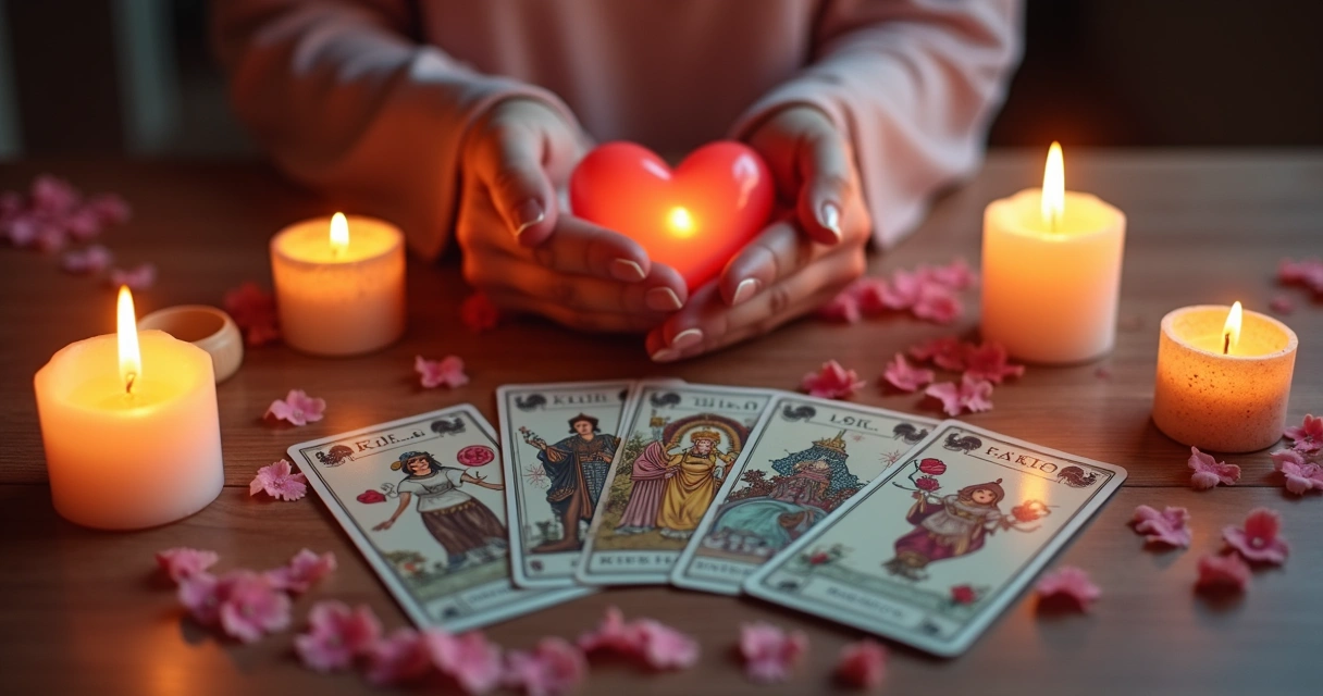 Cartas de tarot sobre uma mesa com velas ao fundo 