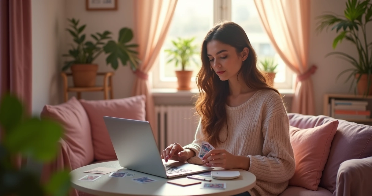 Consultora de tarot com cartas e laptop 