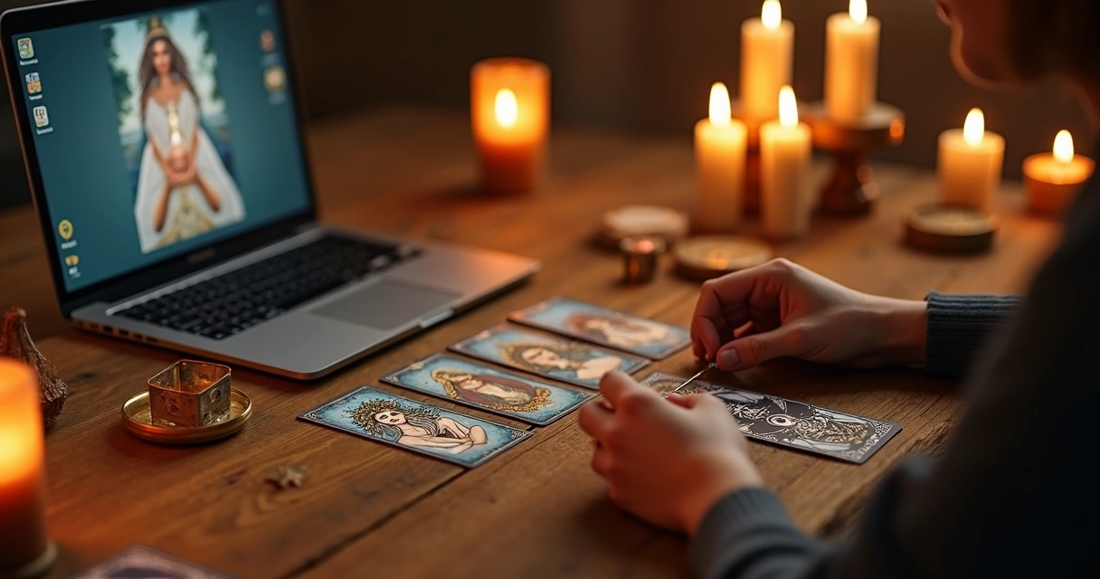 Pessoa realizando consulta de tarot ao vivo, com cartas sobre a mesa e mãos em posição de escolha 