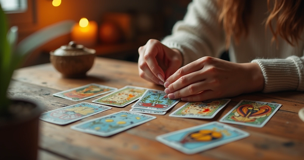 Mesa com cartas de tarot, mãos femininas embaralhando e ambiente acolhedor 
