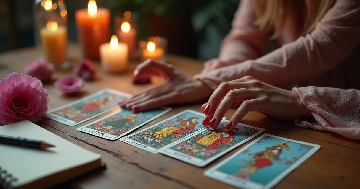 Mesa com cartas de tarot e mãos femininas virando uma carta. 