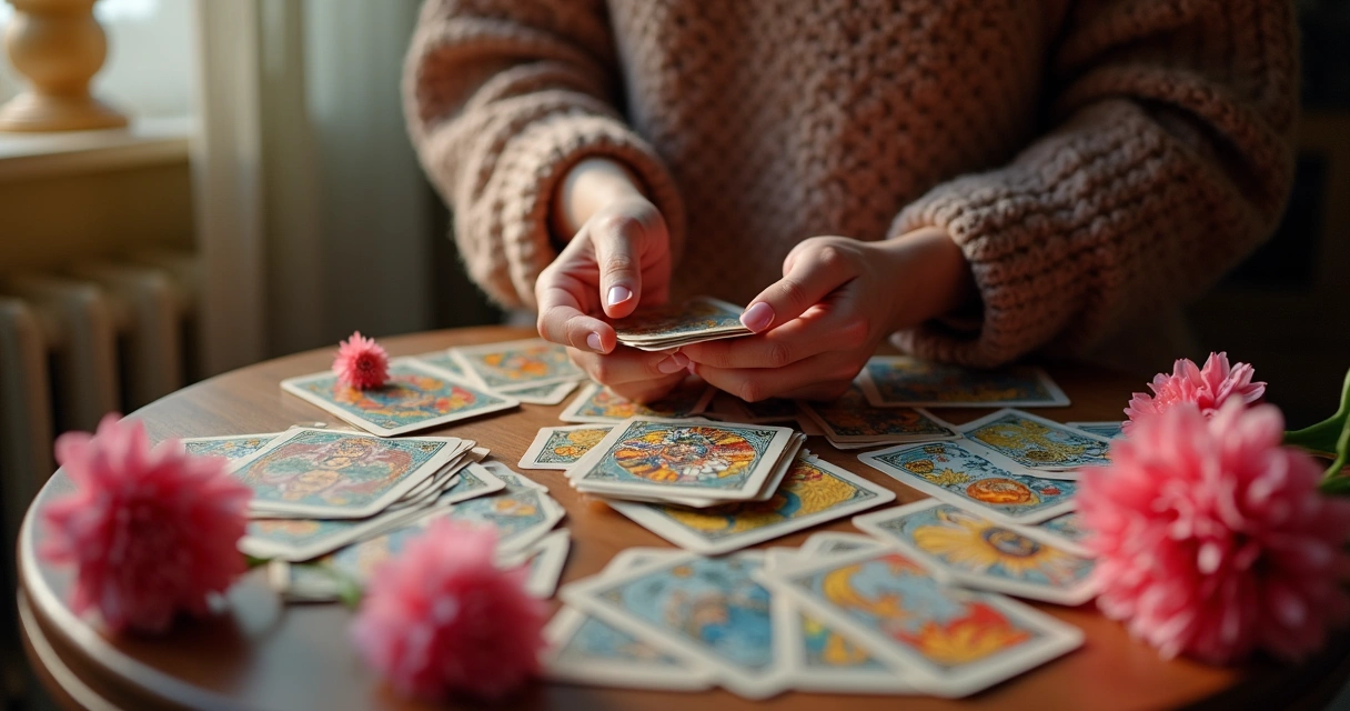Cartas de tarot em cima de uma mesa com flores 