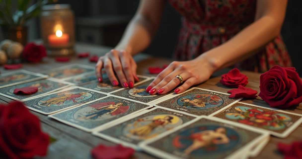 Cartas de tarot coloridas e uma mão feminina sobre a mesa lendo cartas 
