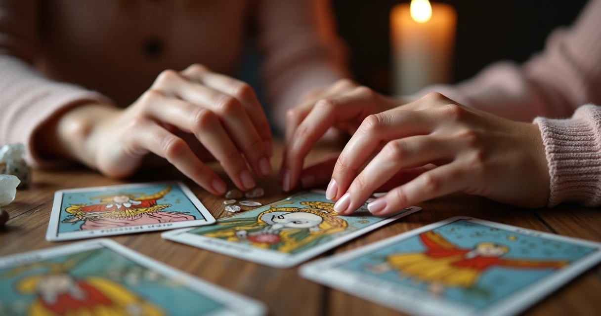 Duas mãos femininas sobre cartas de tarot em mesa decorada 