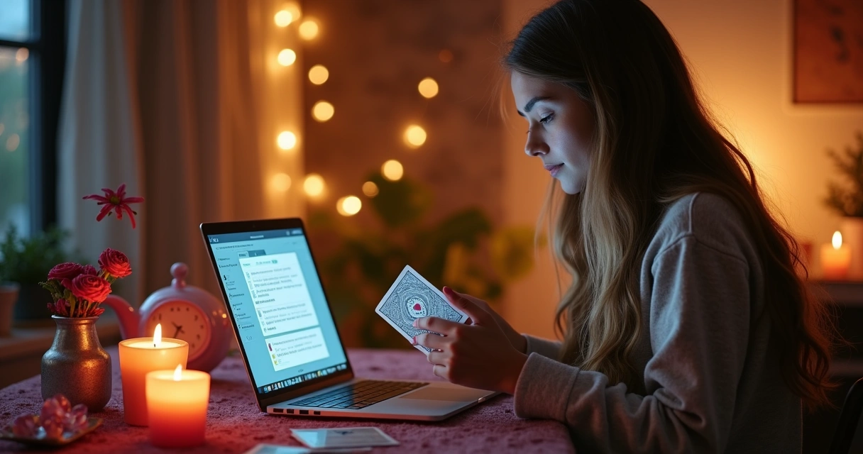 Consultora de tarot embaralhando cartas durante consulta online 