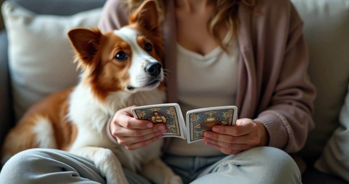 Pessoa segurando cartas de tarot ao lado de cachorro sentado 