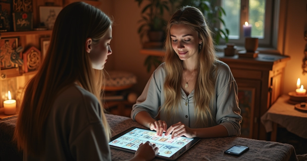 Consultora espiritual atendendo por aplicativo de oráculos digitais 