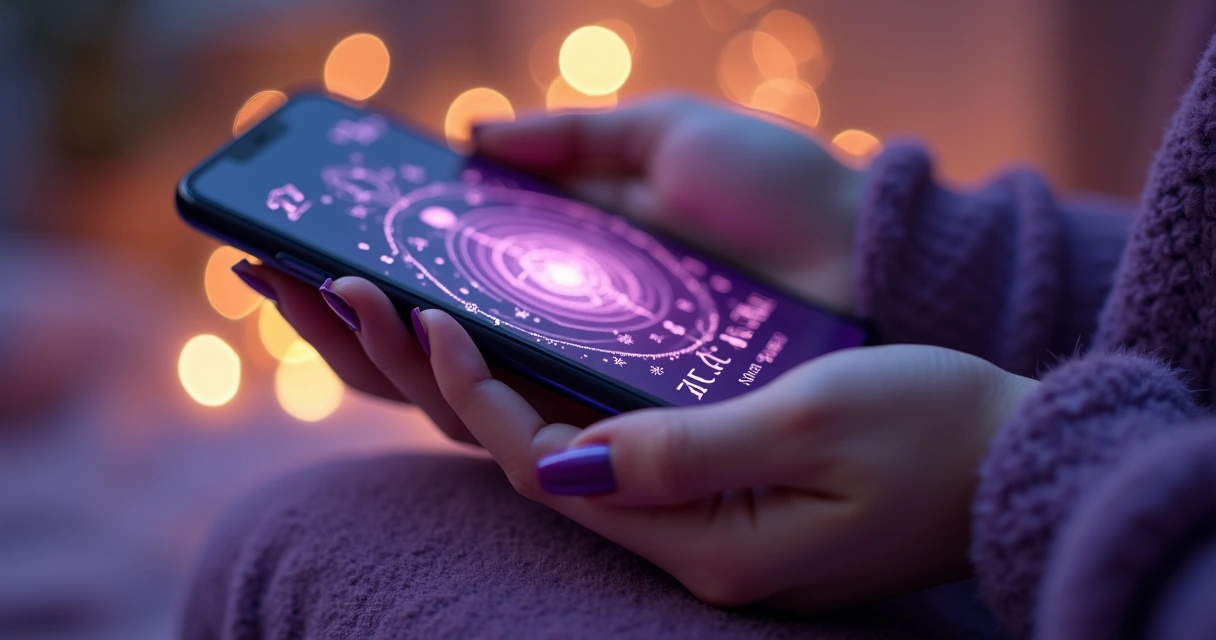 Pessoa segurando um celular aberto em um app esotérico seguro, com mão feminina com unhas coloridas, fundo suave em roxo e detalhes místicos 