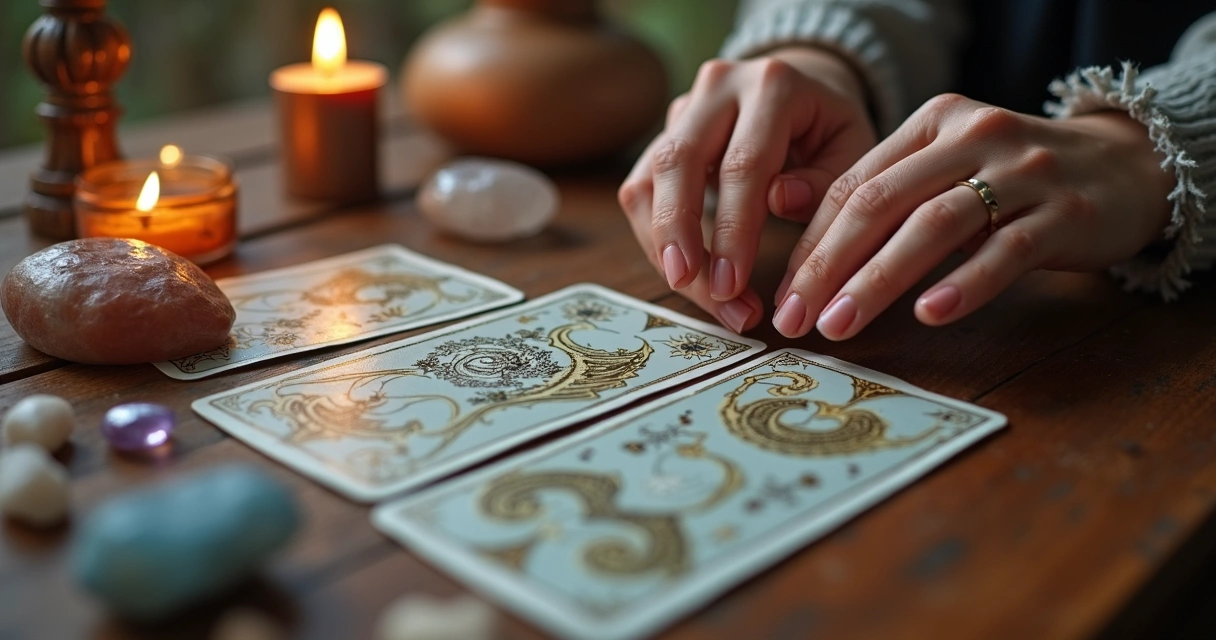 Uma mão feminina coloca cartas dos arcanos menores do tarot sobre uma mesa com cristais e incenso 