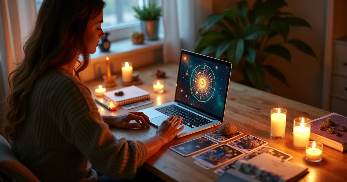 Mulher consultando tarot e astrologia online pelo notebook 