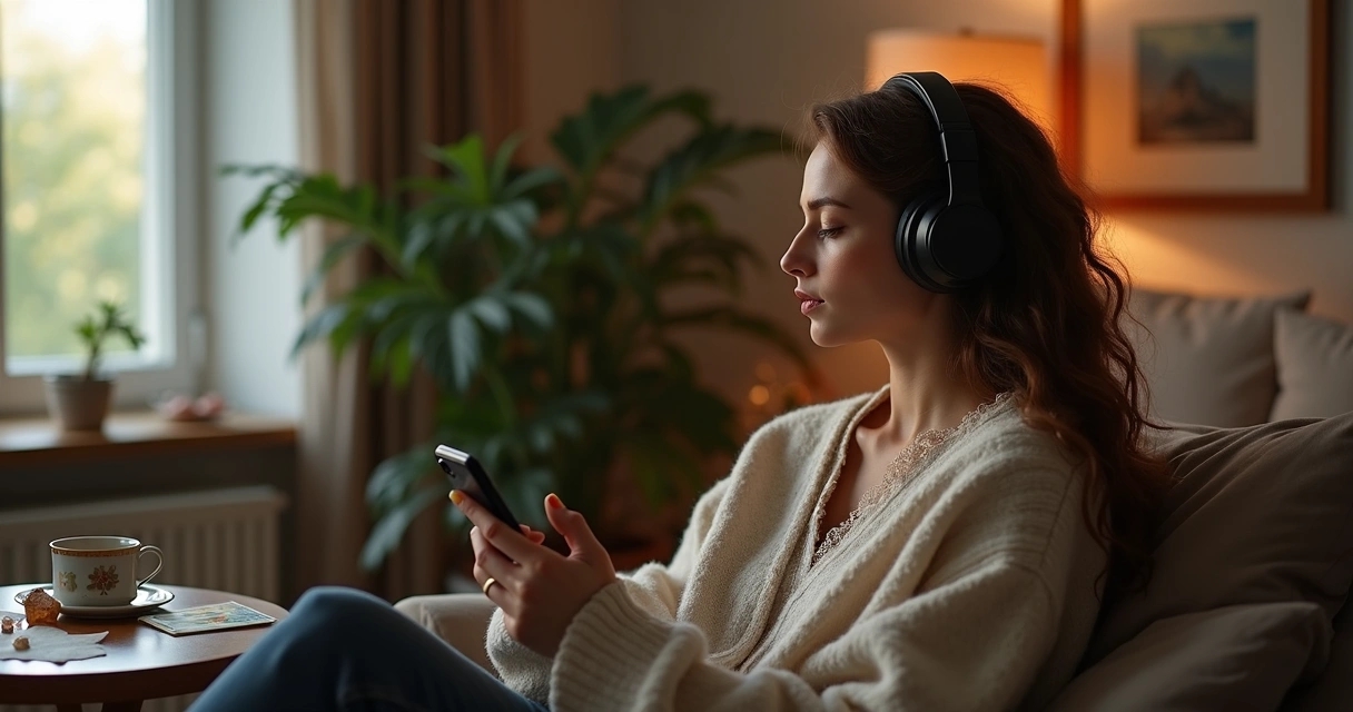 Mulher com fones de ouvido ouvindo tarot por áudio no telefone 
