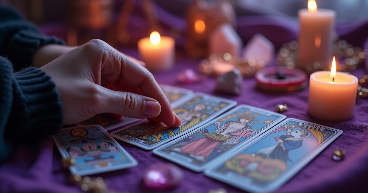 Mesa de tarot sendo consultada por mãos femininas sob luz suave