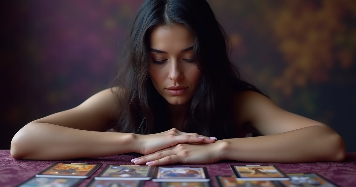 Mulher médium em consulta de tarot, cartas na mesa, expressão atenta 