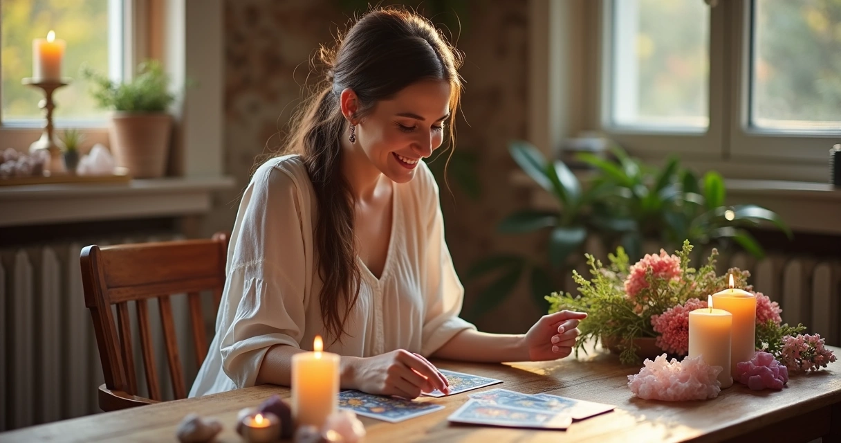 Mulher sorridente fazendo consulta de tarot e baralho cigano 