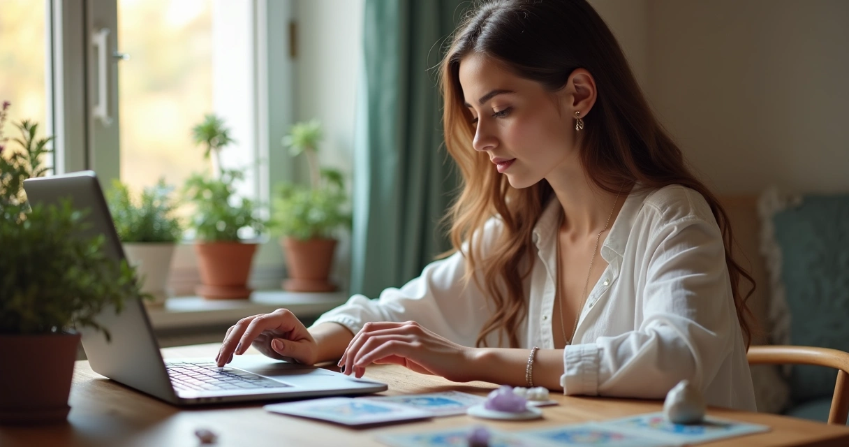 Mulher jovem mexendo no computador, cartas de tarot e baralho cigano ao lado 
