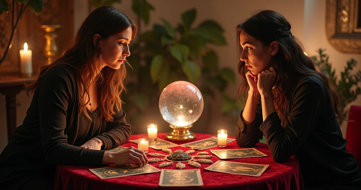 Consultora de tarot e búzios fazendo leitura para uma mulher preocupada 