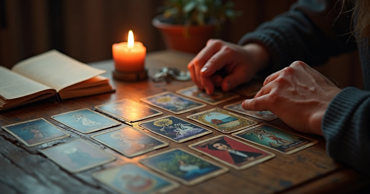Mesa com cartas de tarot espalhadas 