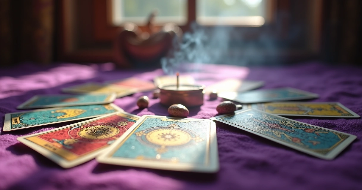 Cartas de tarot coloridas dispostas em círculo sobre pano roxo 