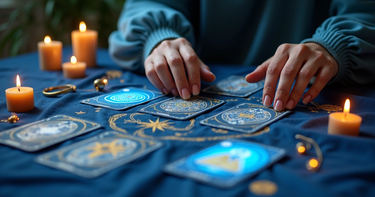 Mesa virtual de cartas de tarot exibindo baralho cigano, fundo azul místico, luz suave, mãos femininas consultando as cartas. 